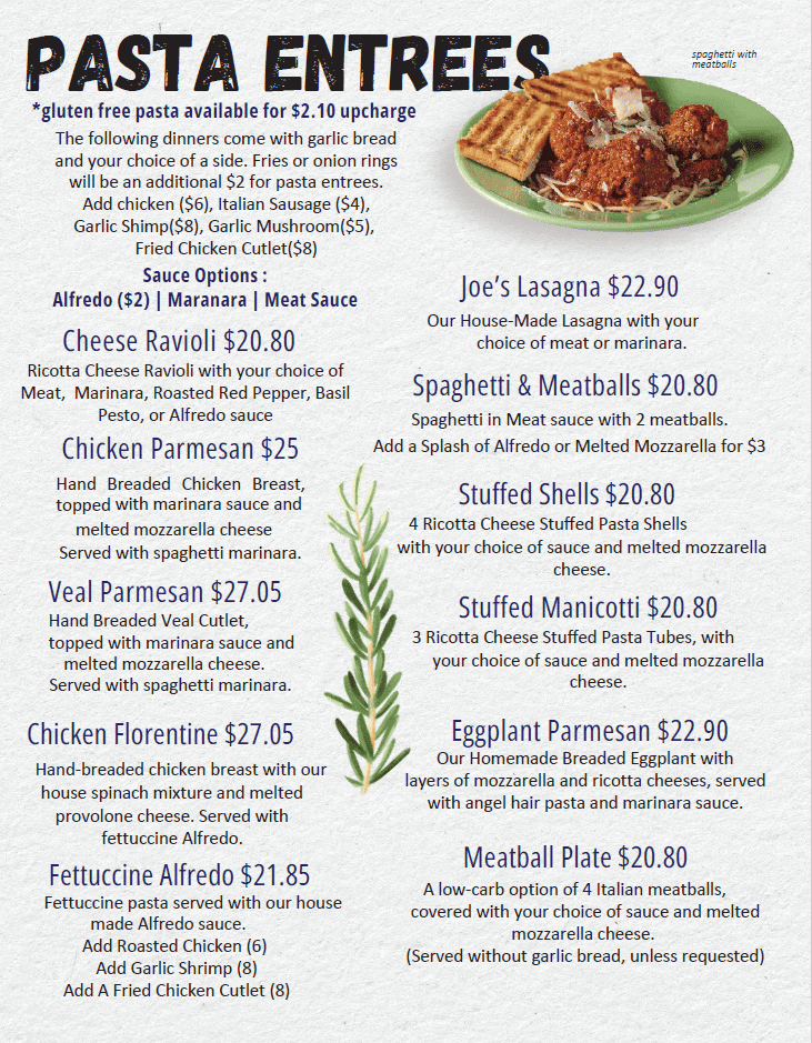 Pasta entrées menu featuring Italian dinner dishes at Gelato Joe’s in Foley, Alabama.