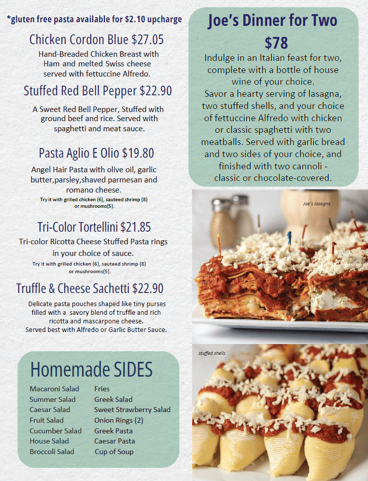 Gelato Joe’s Foley, Alabama dinner menu featuring Italian pasta dishes, homemade sides, and Joe’s Dinner for Two.