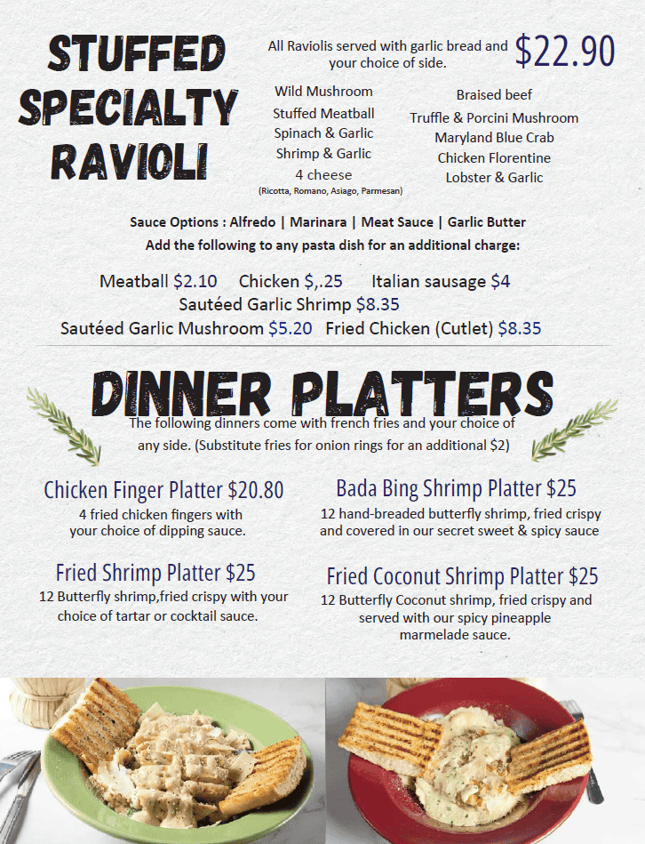 Gelato Joe’s Foley Alabama menu page featuring stuffed ravioli and dinner platters with Italian dishes.