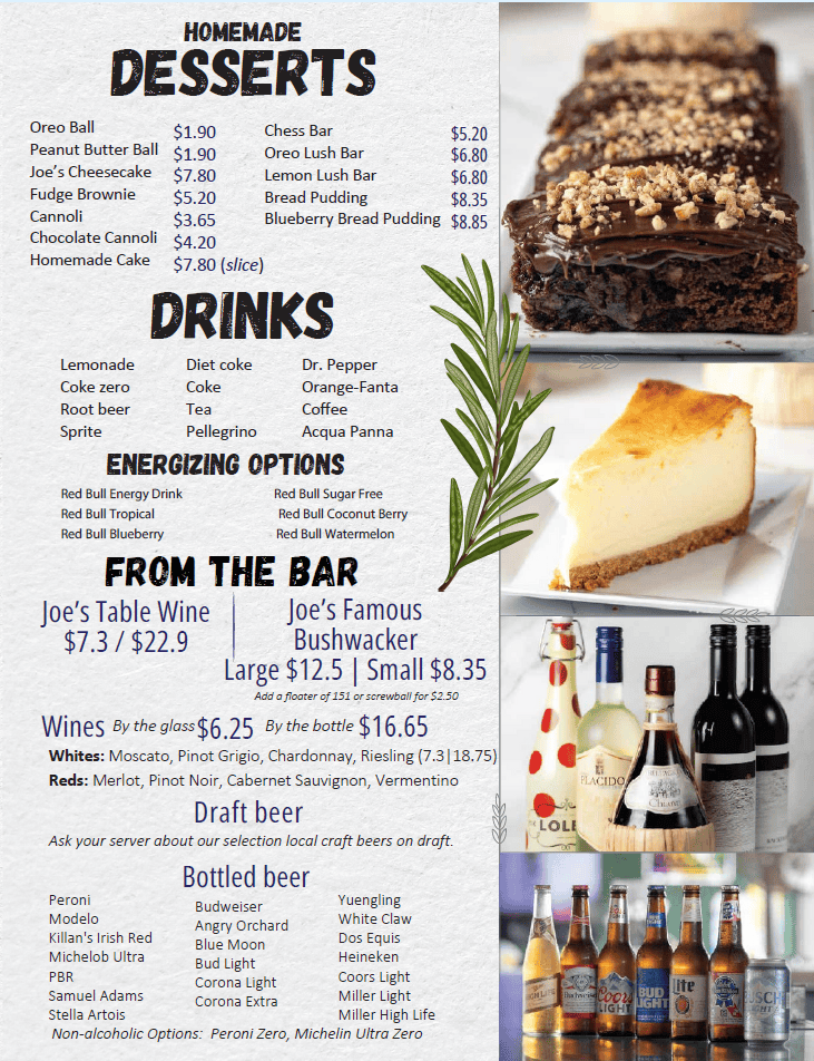 Gelato Joe’s Foley menu page featuring homemade desserts, drinks, wines, and bar selections.