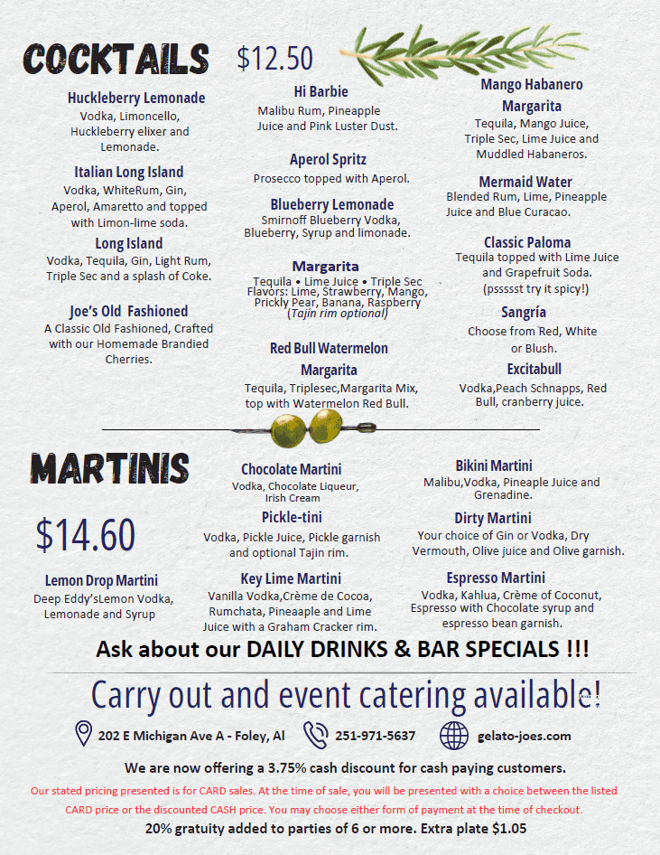 Cocktail and martini menu featuring daily drink specials at Gelato Joe's in Foley, Alabama.