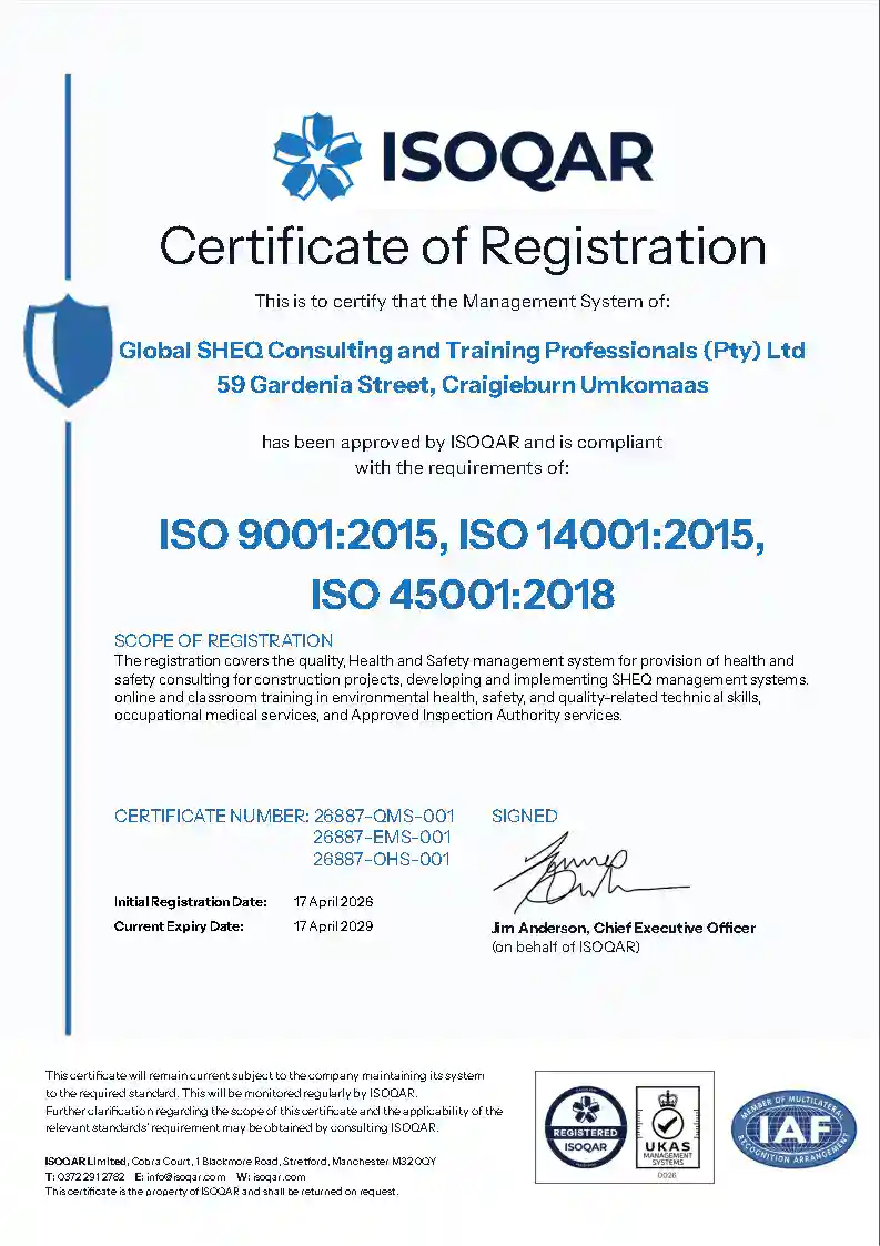 ISOQAR ISO 9001 ISO 14001 ISO 45001 certificate for Global SHEQ