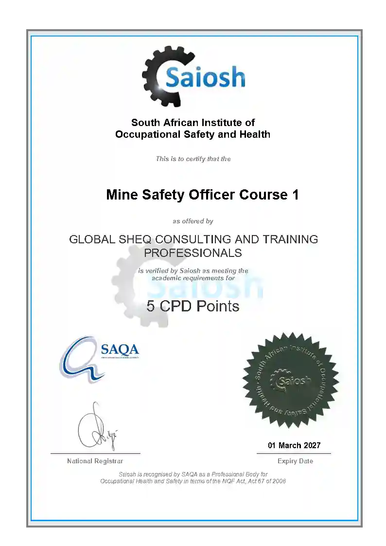 Saiosh Mine Safety Officer Course 1 certificate for Global SHEQ