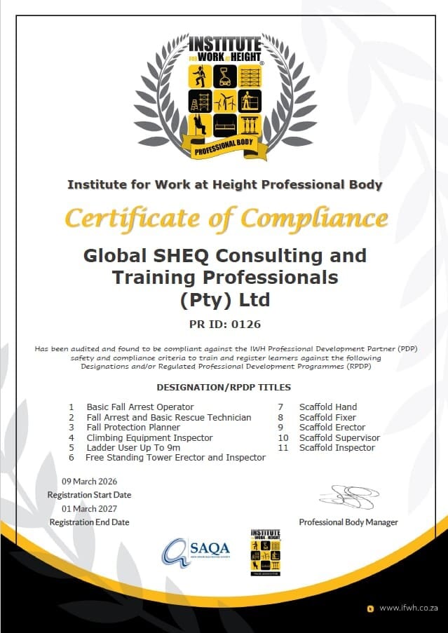 Institute for Work at Height Certificate of Compliance for Global SHEQ