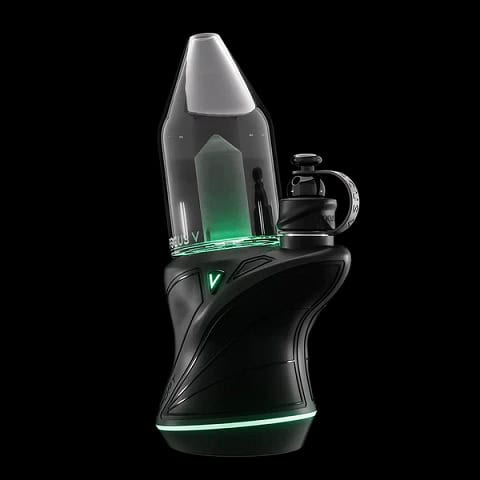 Modern vaporizer with sleek black design and green LED accents for enhanced vaping experience.