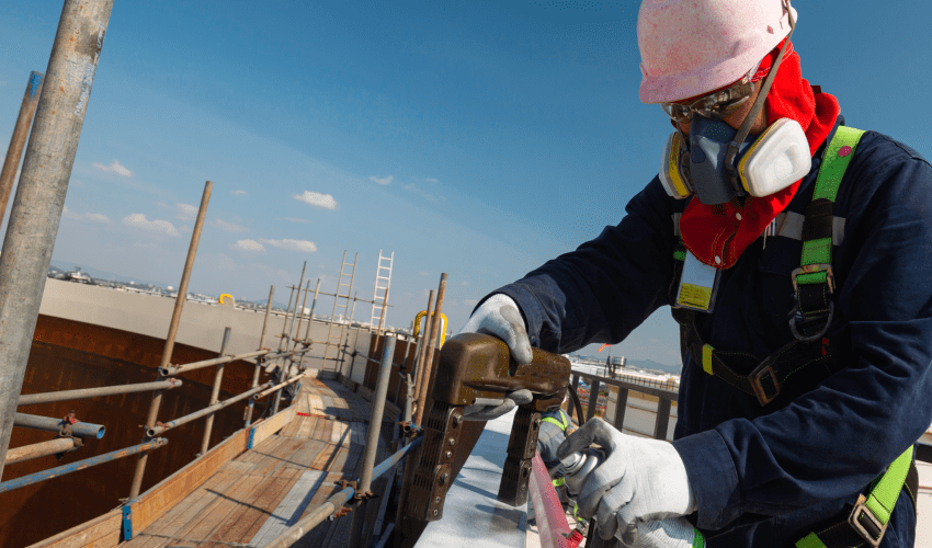Worker in safety gear performing maintenance on a large industrial structure.