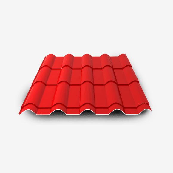 Bright red corrugated metal roof panel on a white background
