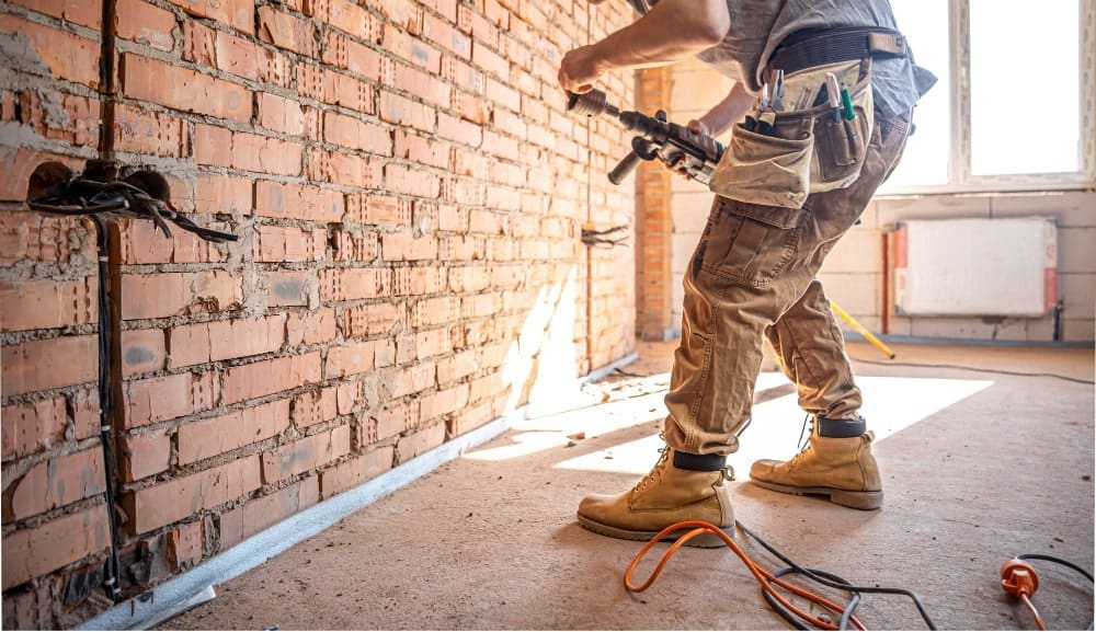 Electrician drilling into a brick wall during construction.