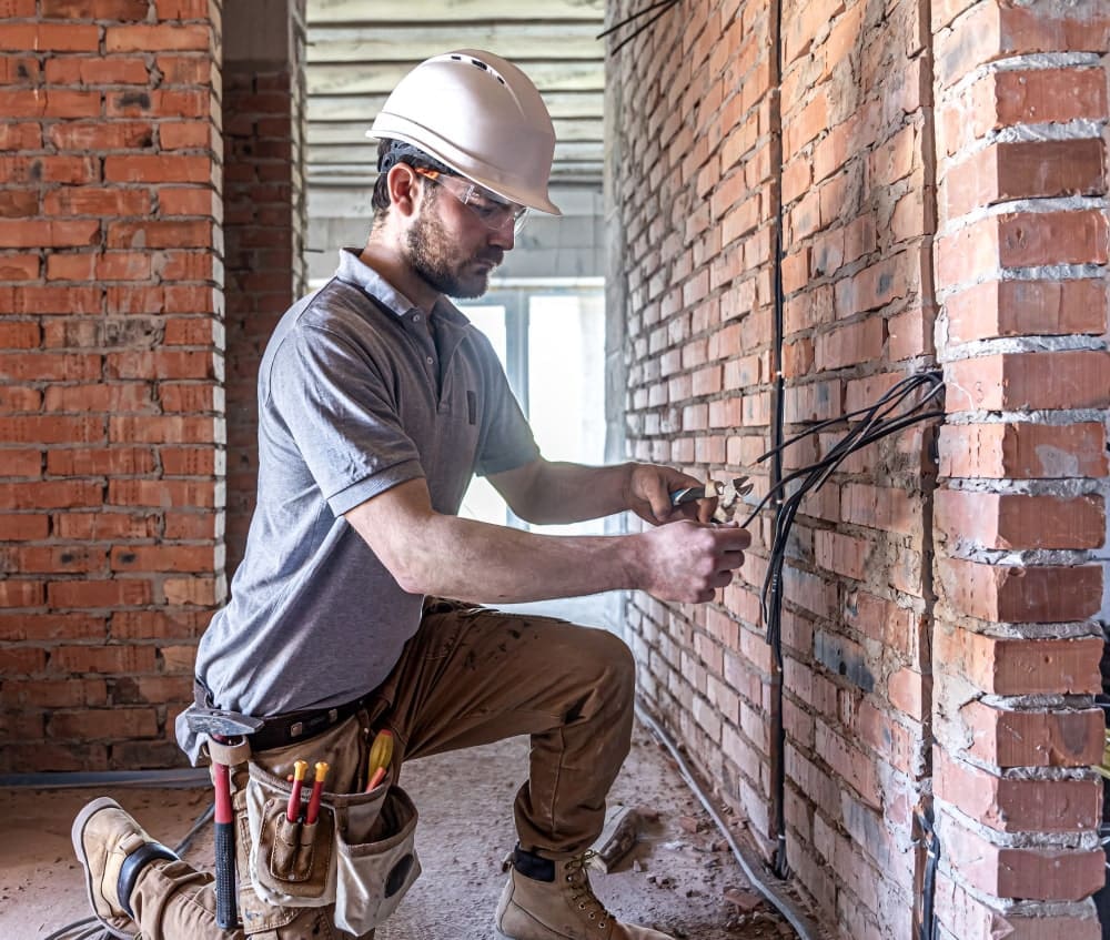 Man in hard hat and safety glasses working on electrical wiring