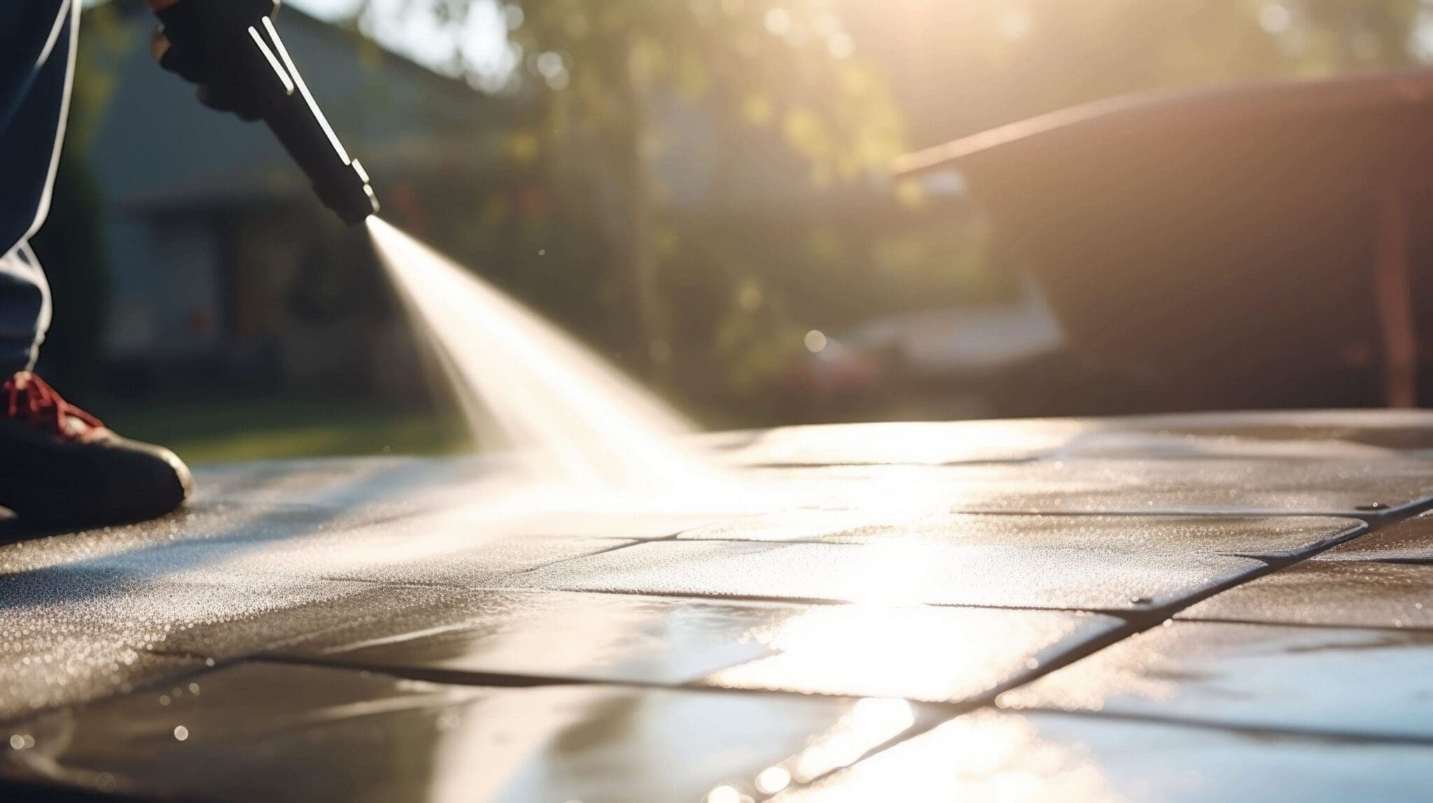 Person pressure washing a patio with bright sunlight