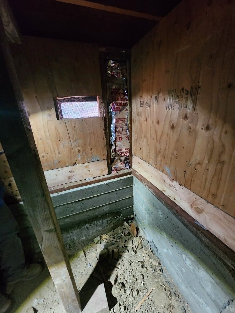 Crawl space with wooden walls, concrete foundation, and insulation