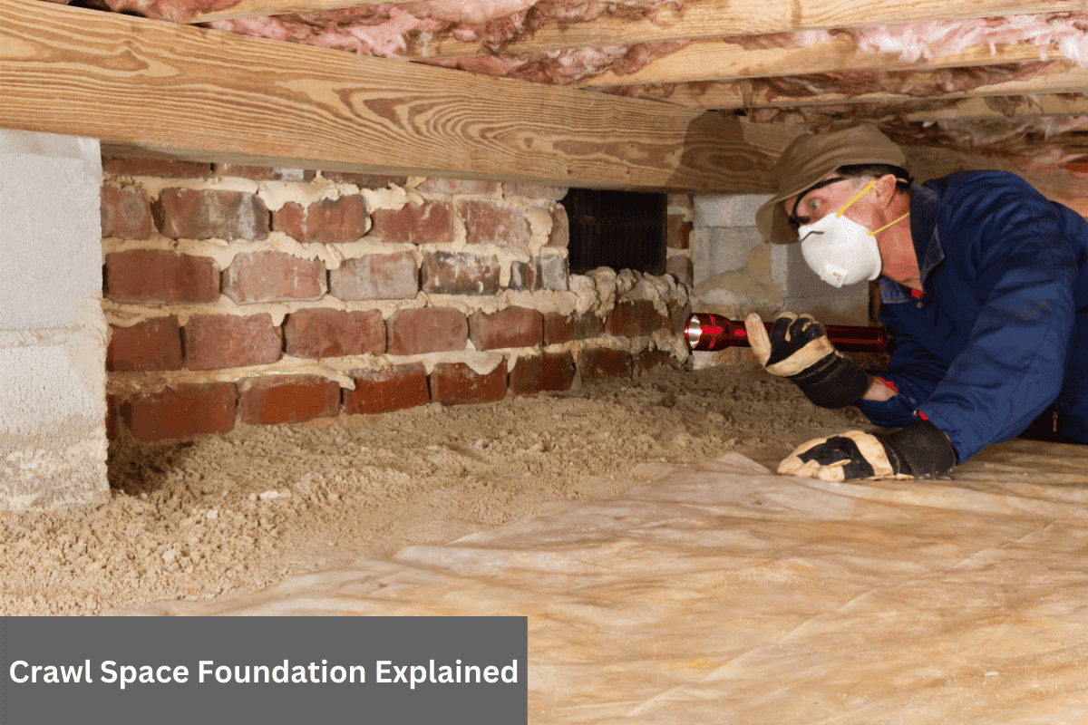 Man inspecting a crawl space foundation with a flashlight
