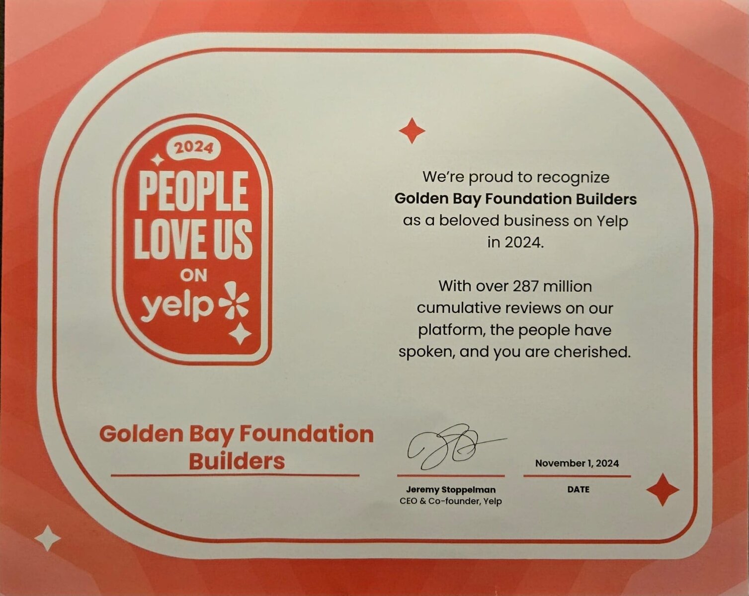 Yelp 'People Love Us' award for Golden Bay Foundation Builders, dated 2024