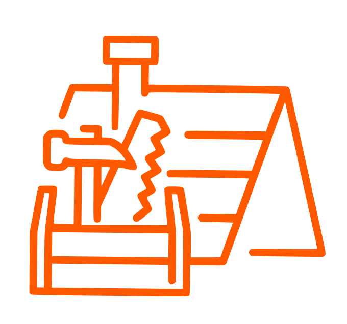 Orange outline icon of a house with a broken roof and tools.