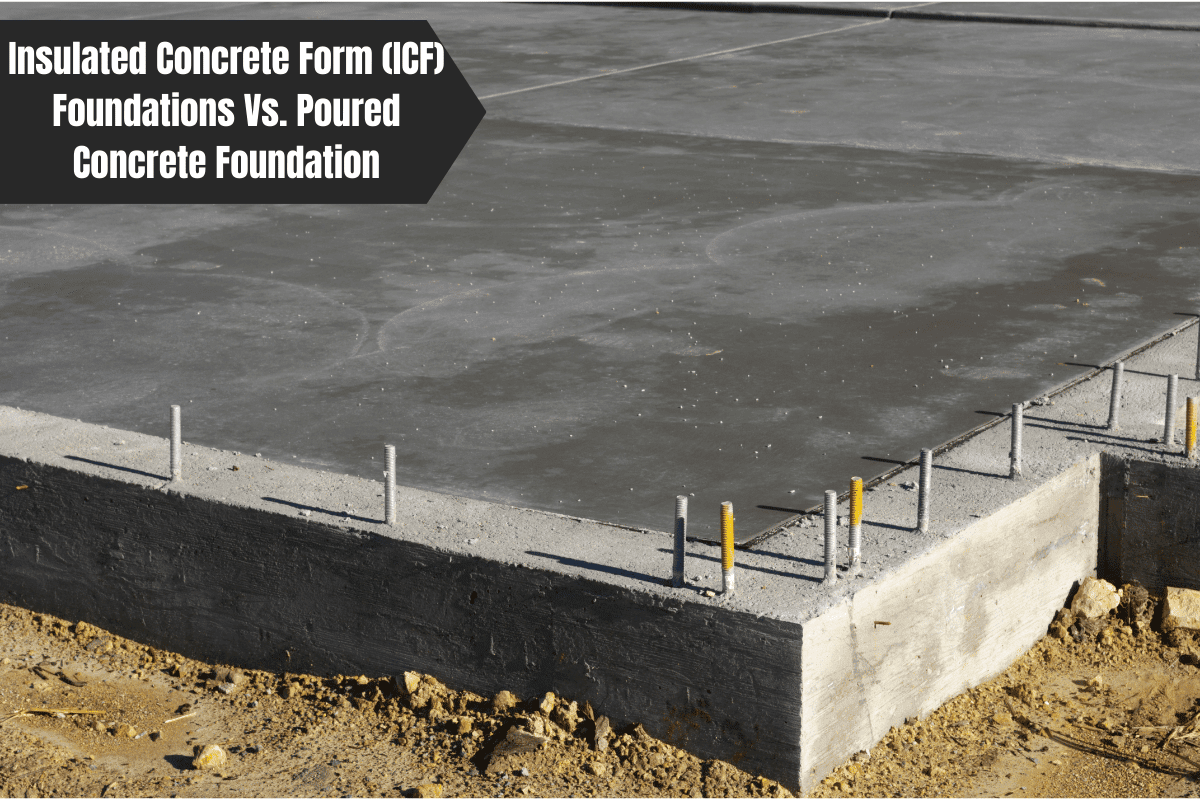 Newly poured concrete foundation with rebar extending upwards