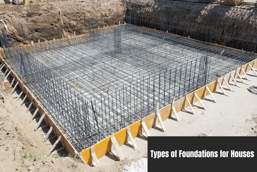 Construction site with a concrete foundation reinforced with rebar