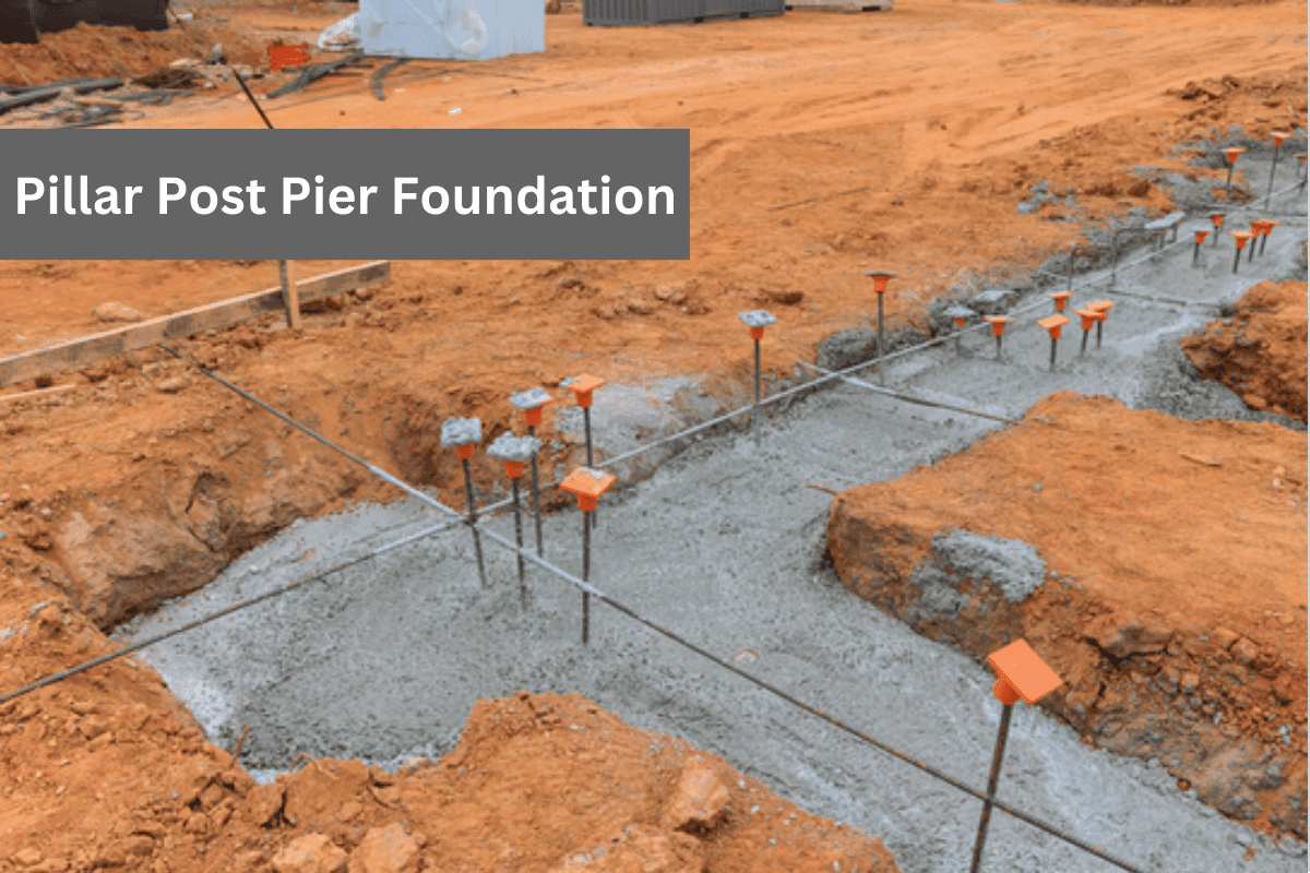 Pillar post pier foundation under construction with rebar and concrete.