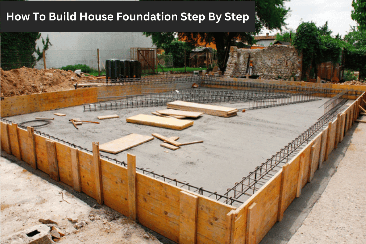 Concrete foundation with rebar and wooden forms for a house.