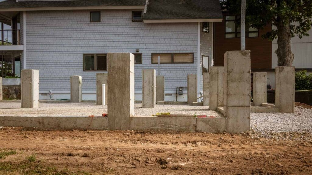 Concrete pillars and foundation for a new house construction.