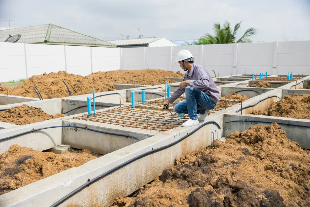 Construction worker measuring rebar grid on a concrete foundation