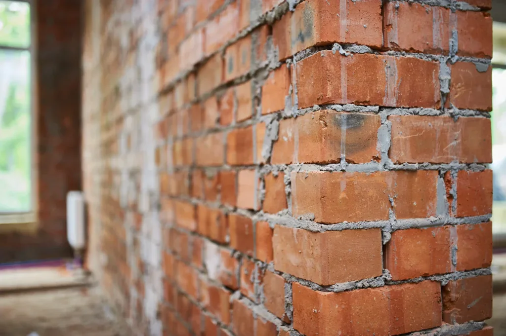 Close-up of a brick wall under construction, showing individual bricks and mortar.