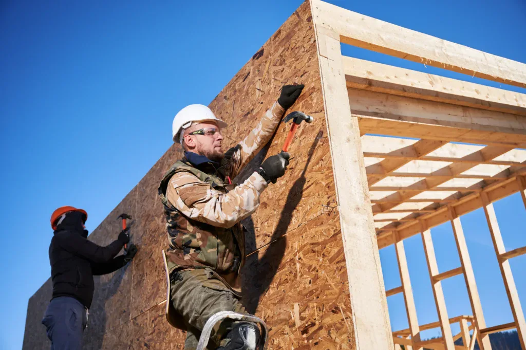 Two men in safety gear building a wooden house frame