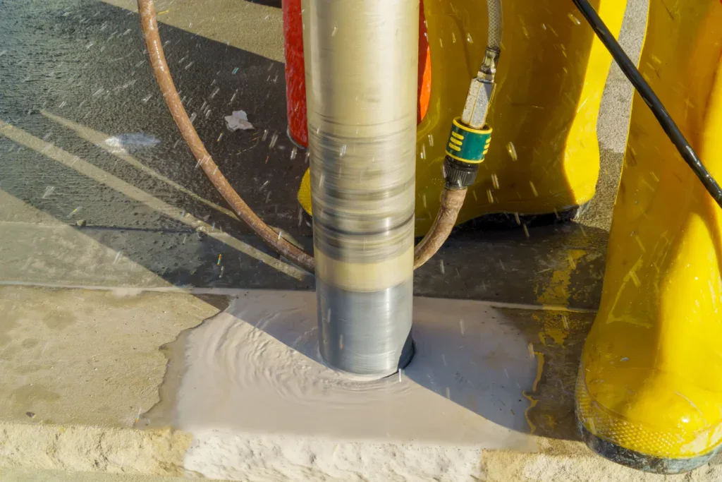 Core drilling machine cutting a hole in concrete with water