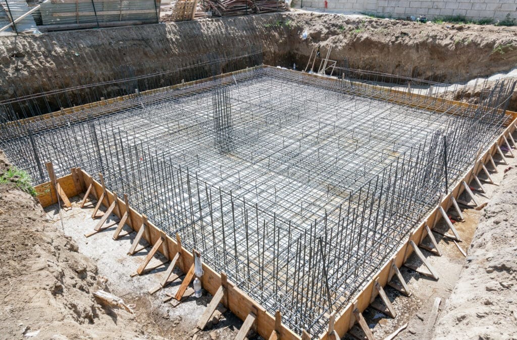 Construction site with a large square foundation of rebar and wooden forms.