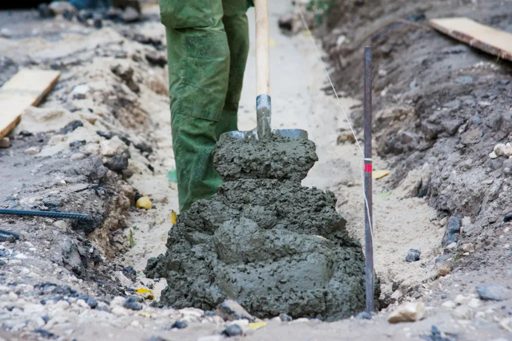 Person in green pants shoveling wet concrete into a pile on the ground