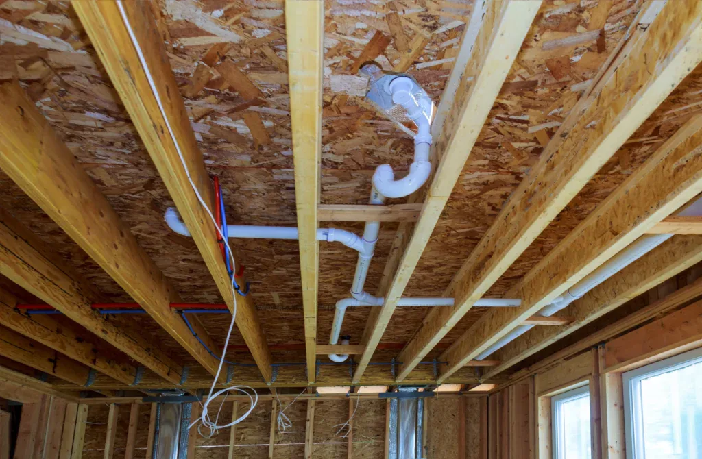 Plumbing pipes and wooden beams in an unfinished house ceiling