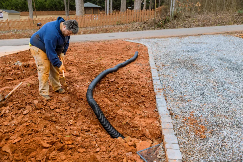Man installing drainage pipe in a trench next to a gravel driveway