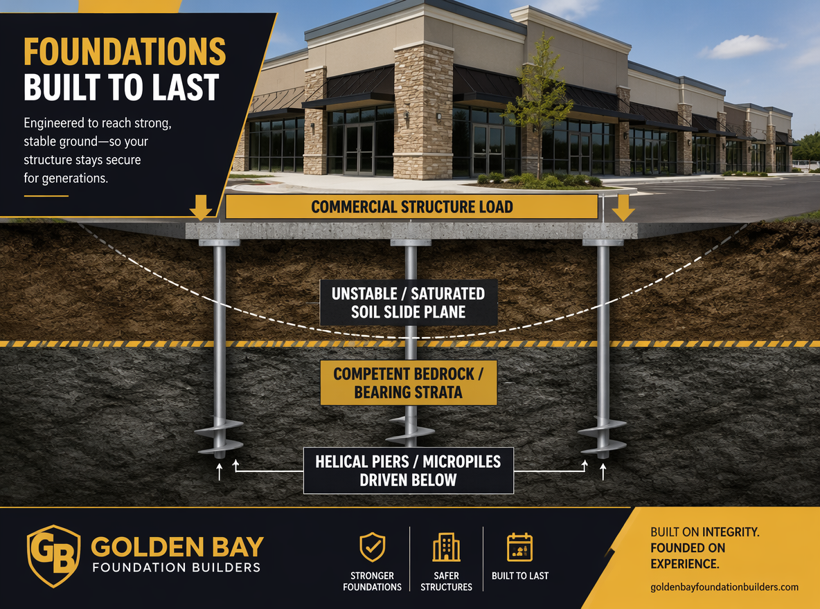 Diagram showing helical piers supporting a commercial building on unstable soil.
