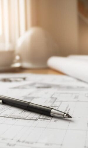 Close-up of a pen on architectural blueprints with sunlight