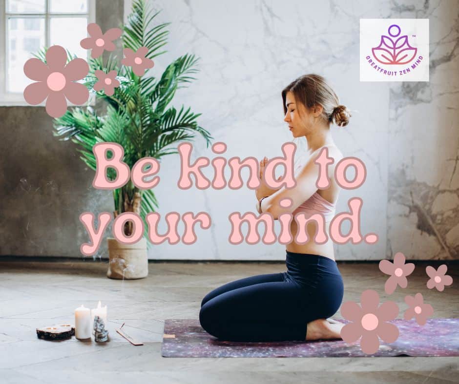 Woman kneeling on a mat in neutral observation meditation.