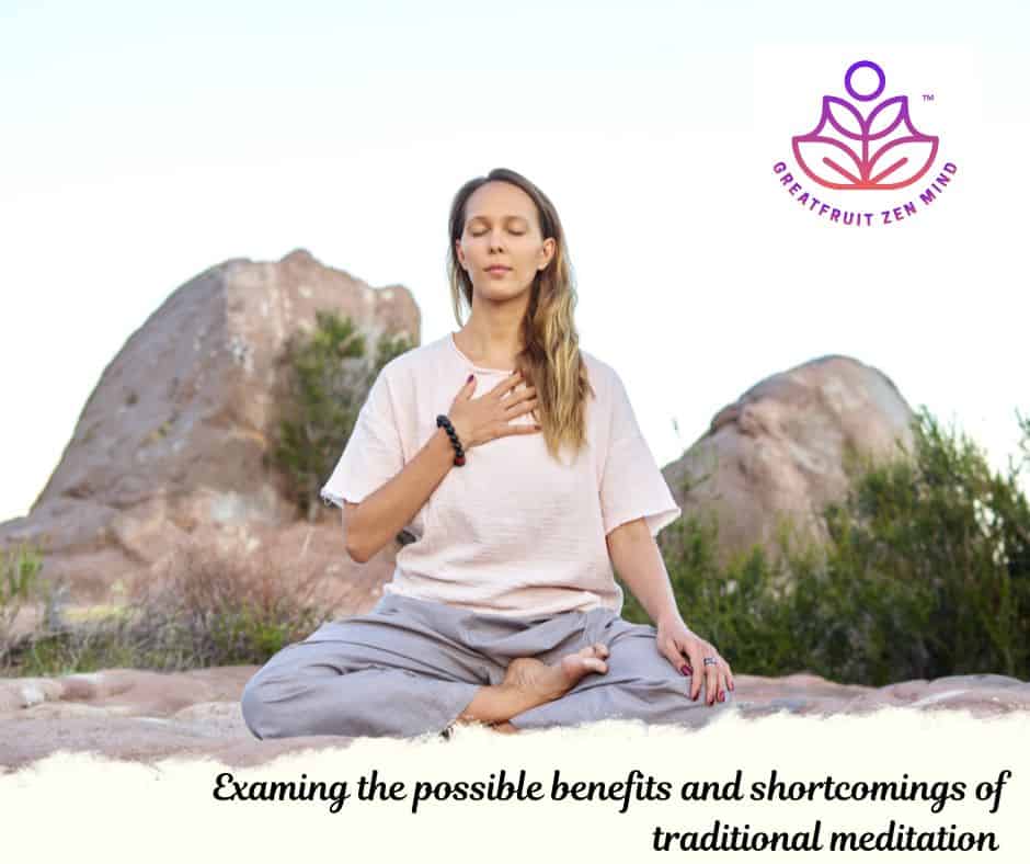 Woman sitting with hand on heart in a traditional meditation position.