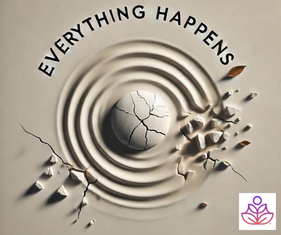 A minimalist, abstract image of a ball dropping smack into the middle of a Zen garden, symbolizing unpredictability and the flow of events. Subtle ripples, cracks, or scattered elements blend into the scene, evoking the theme of Everything Happens in a contemplative, Zen-like style.