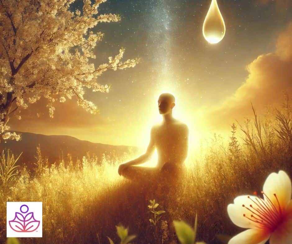 Mini-awakening: A person experiencing a moment of clarity in a golden meadow at sunrise, symbolizing a fleeting yet profound realization.