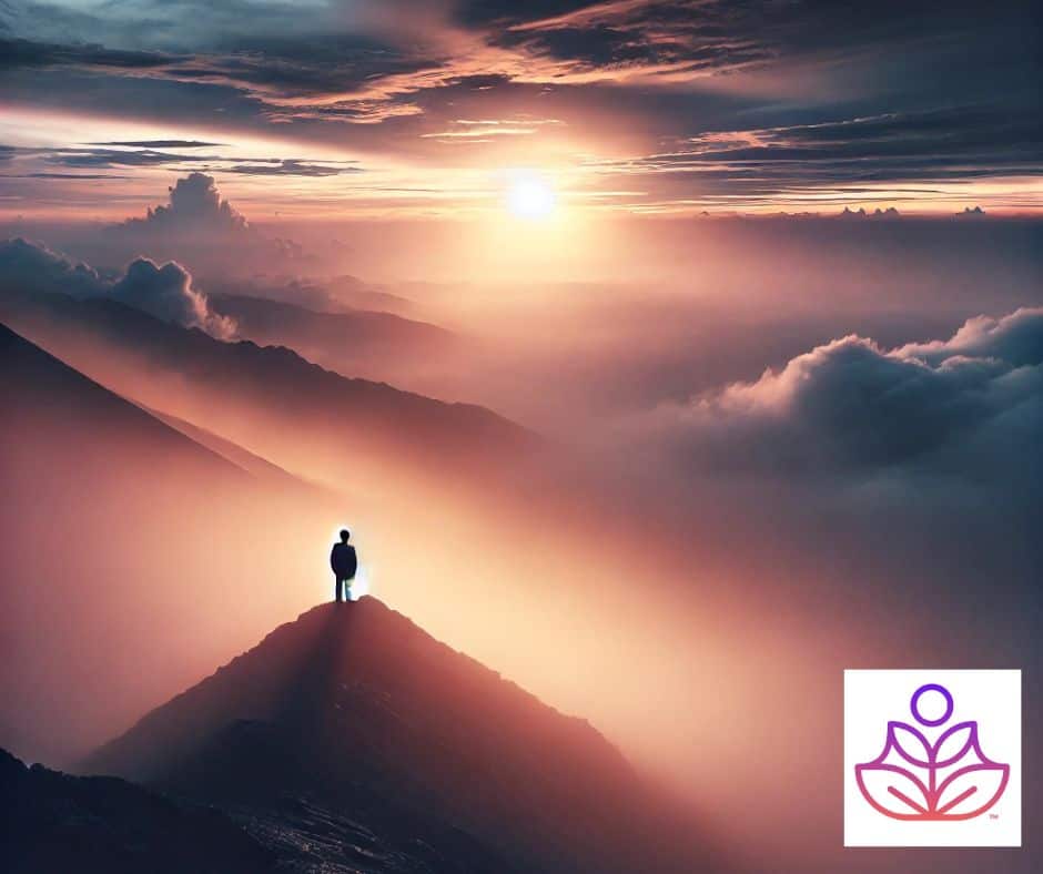 A solitary figure stands on a mountain peak at sunrise, gazing into a vast, misty horizon—capturing the essence of peak experiences.