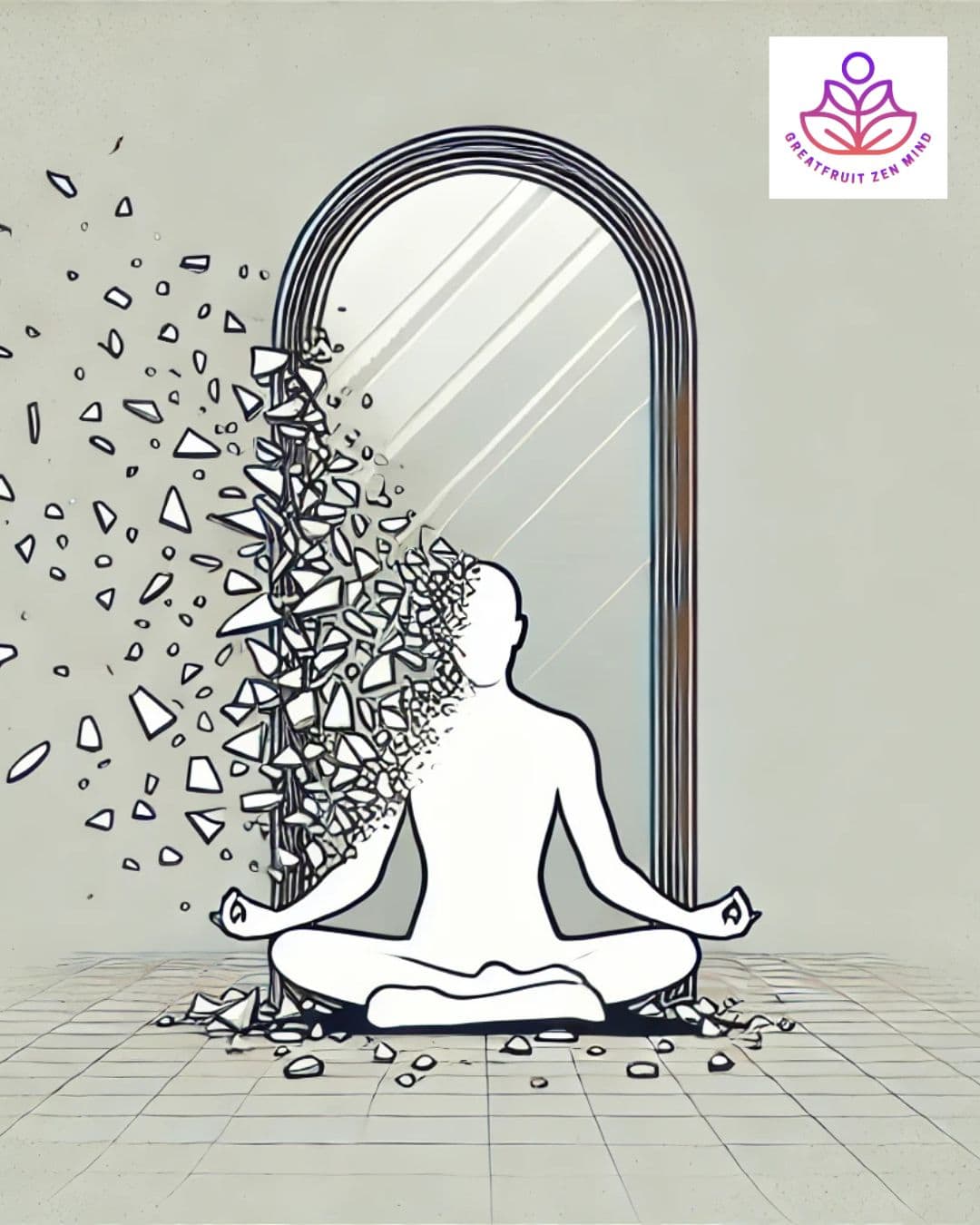 A minimalist drawing of the outline of a silhouette of a person meditating in front of a standing mirror. The person, not the mirror, is shattering into a thousand pieces, symbolizing the message- self disrupt.