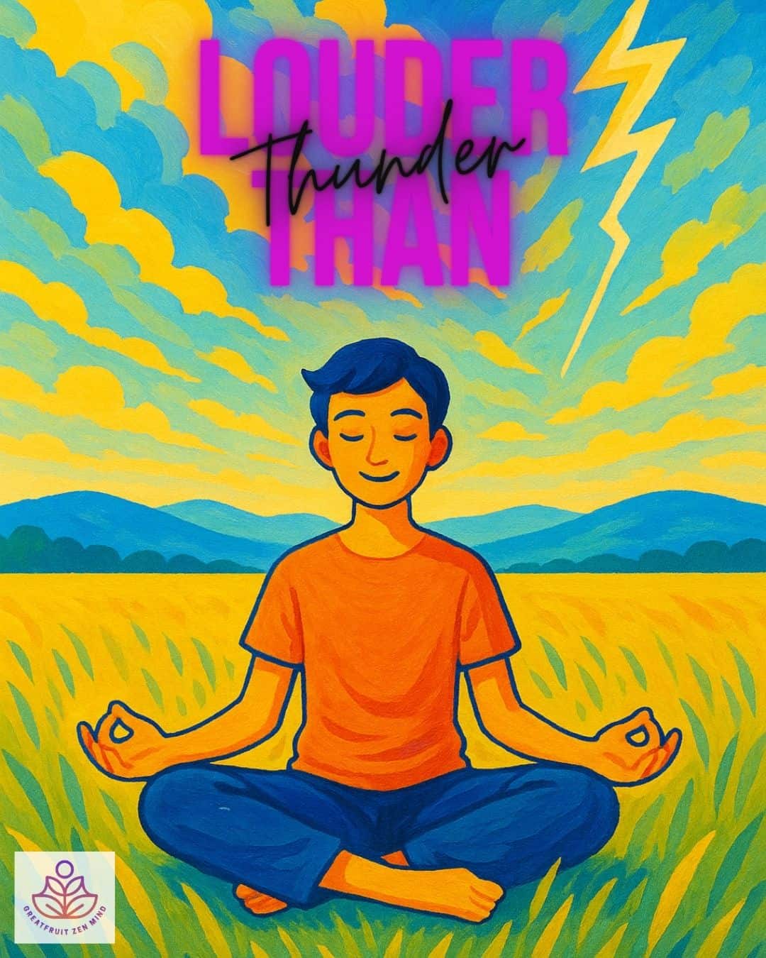 A stylized, colorful illustration of a person meditating peacefully in a golden field as a lightning bolt strikes in the distance. The image reflects the meaning of rebel whisper—inner calm that holds steady even as storms gather. Text reads, 'Louder than thunder.'