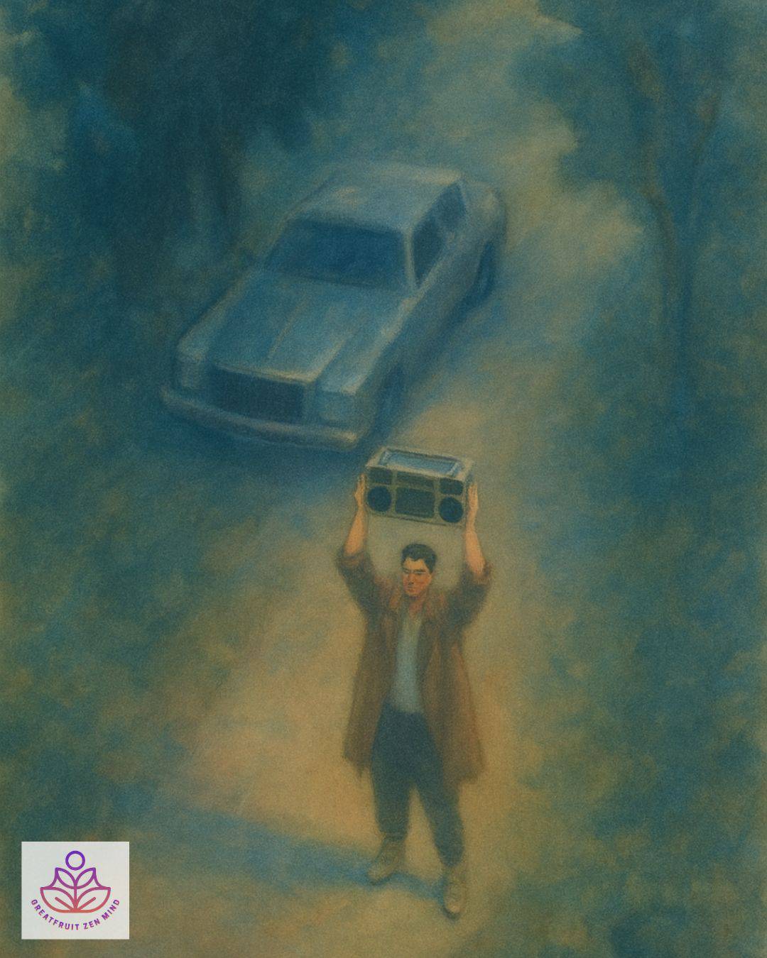 John Cusack stands with a boombox raised above his head in the iconic Say Anything boombox scene, silhouetted in a dreamlike, watercolor-style painting.