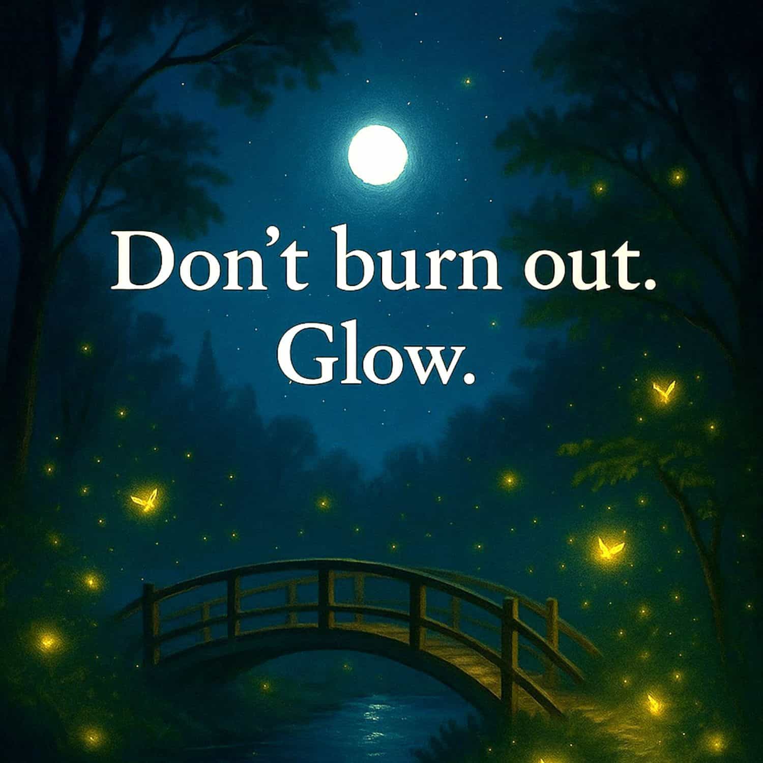 A picturesque evening scene of a rustic, arched wooden bridge crossing a calm river in a wooded landscape. Countless glowing yellow fairies are scatter all around and into the distance. A full moon overlooks it all. Text reads, don't burn out, glow.