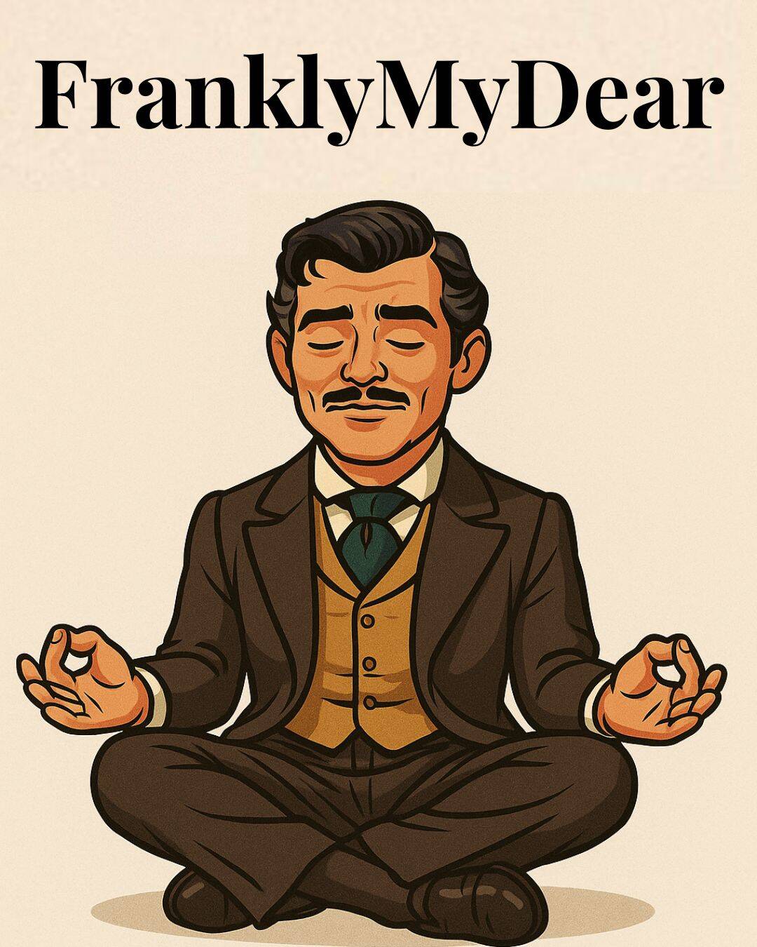A playful, cartoonish image of the Gone With The Wind character Rhett Butler peacefully meditating. Text reads, frankly my dear.