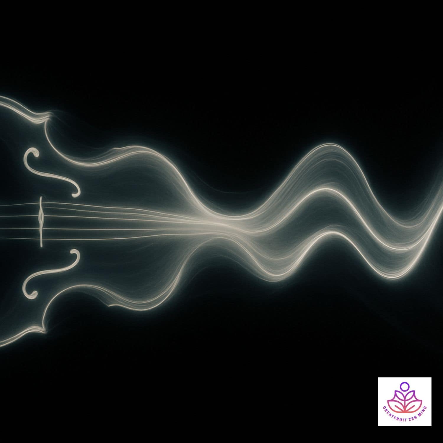 Horizontal outline of a glowing violin seamlessly dissolving into wispy sound-wave lines as it’s pulled toward a dark void—visual metaphor for ‘it’s a vibe.