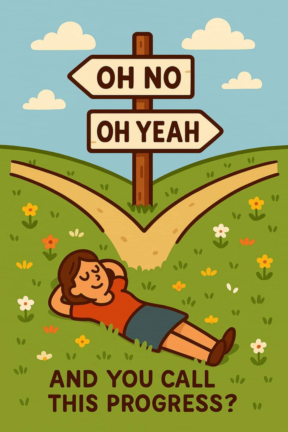 A woman relaxing in a plush meadow with her hands behind her back. In the background lies a fork in the road with a sigh with arrows pointing in each direction. One arrow reads oh yeah, and the other reads oh no. In the foreground text reads: and you call this progress. All of this symbolizes the silent space between yes and no.