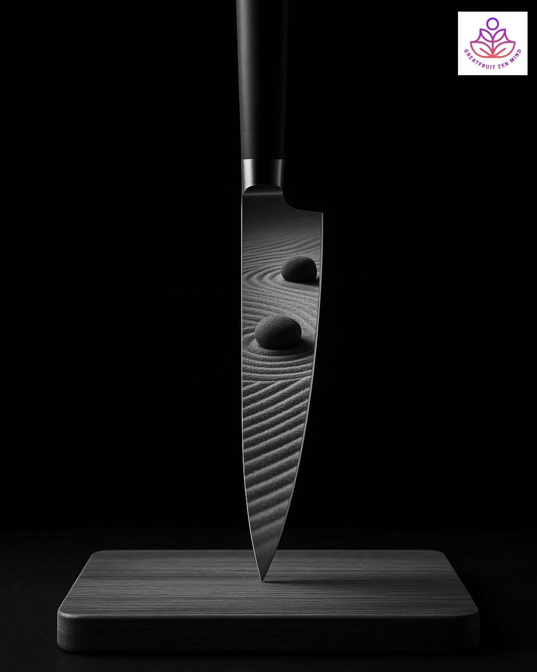 Black and white image of a chef’s knife balanced vertically on a cutting board. The blade’s reflection subtly reveals a Zen garden with raked sand and stones—symbolizing balance, harmony, and inner stillness. Conceptually tied to The Bear Season 4 and themes of mindful tension in the kitchen.
