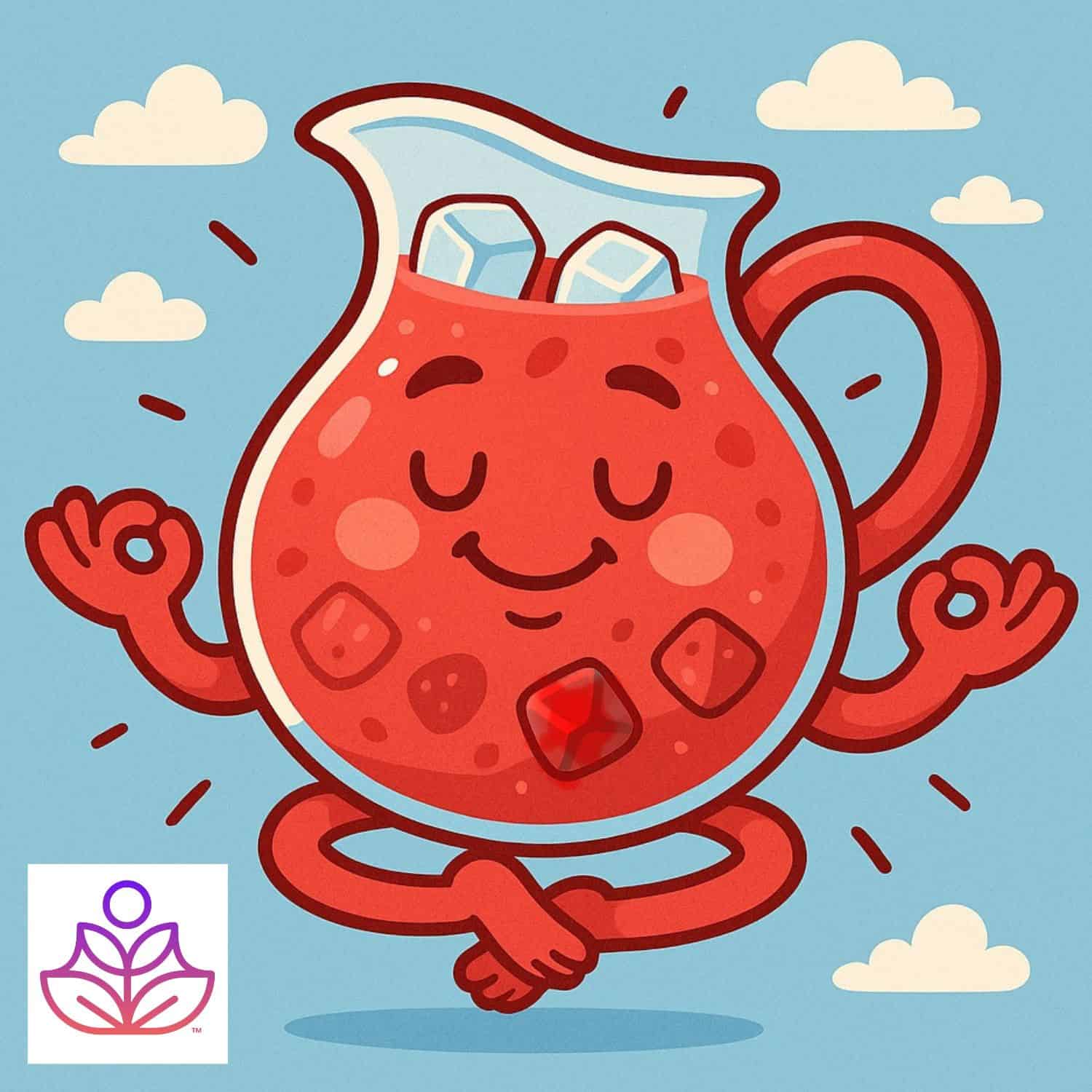 Cartoon-style Kool-Aid Man meditating peacefully in the sky, with eyes closed and arms in a Zen pose—playfully illustrating a mindset shift inspired by The Studio Season 1.