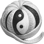 A black and white rendering of a partially peeled orange, the inner fruit playfully resembling the yin/yang symbol.