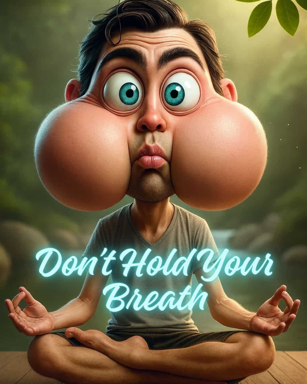A cartoonish digital illustration of a man meditating cross-legged on a wooden platform by a river, with exaggeratedly puffed cheeks, wide blue eyes, and a puckered expression, holding his breath as if waiting for the perfect moment to arrive. Text reads: don't hold your breath.