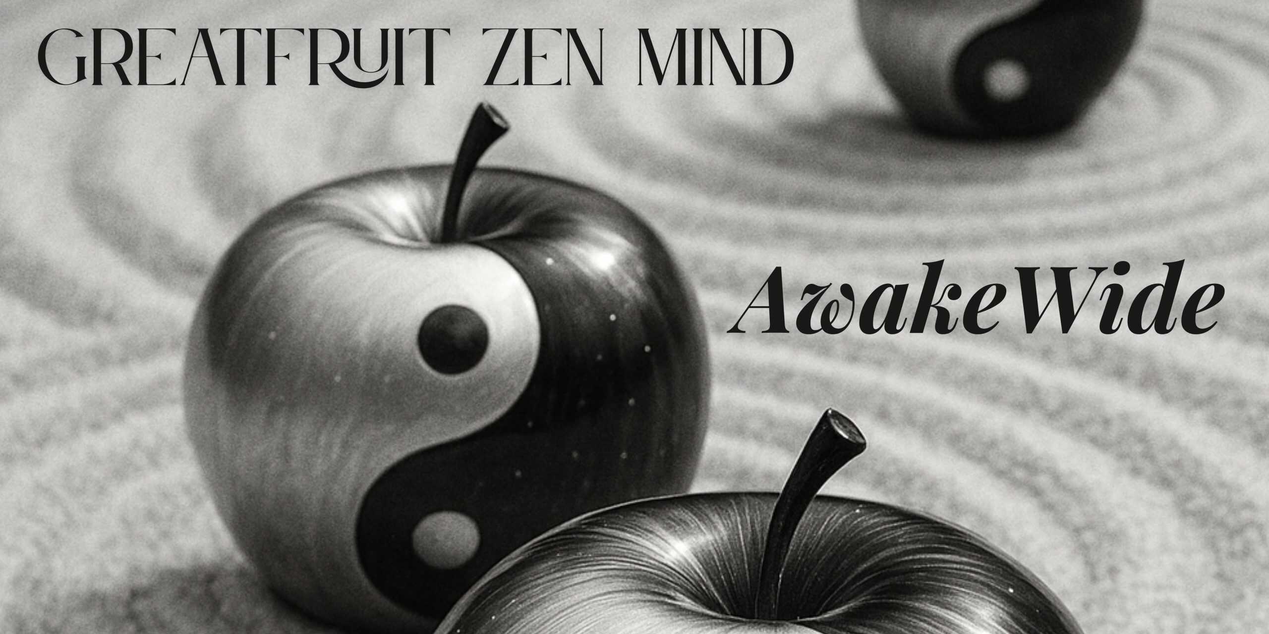 A black and white image of a Zen garden. Instead of traditional rocks there are apples colored to look like the yin/yang symbol scattered about. Text reads: Greatfruit Zen Mind. Awake wide.